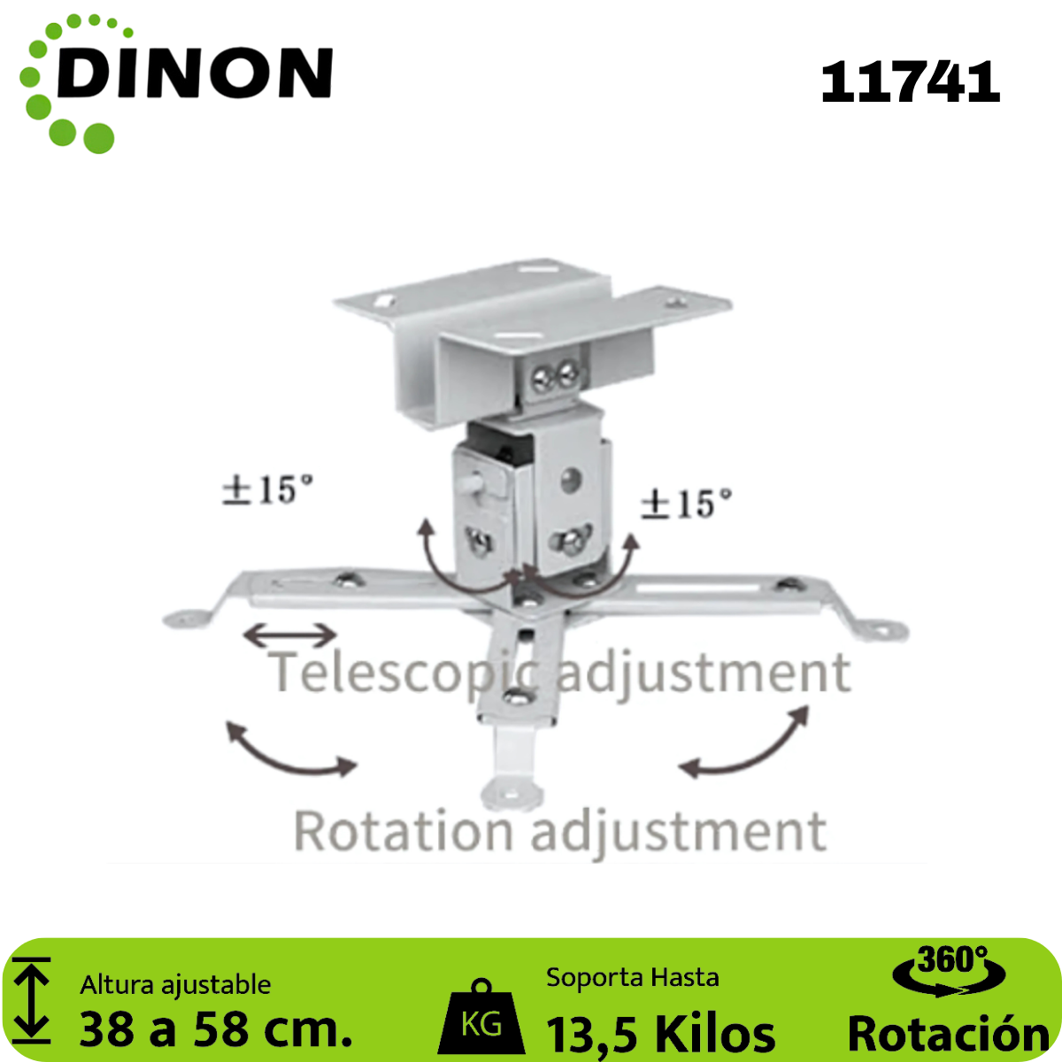 Soporte para Proyector a Techo Extensible 38-58 cm, 360°, 13.5 kg, Blanco, Dinon - SKU: 11741