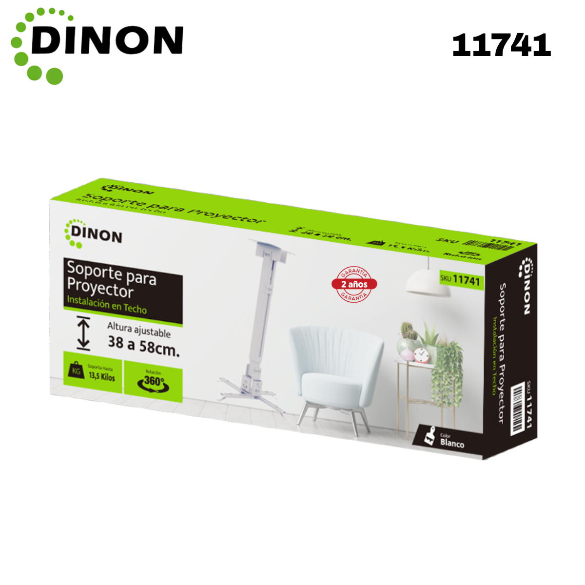 Soporte para Proyector a Techo Extensible 38-58 cm, 360°, 13.5 kg, Blanco, Dinon - SKU: 11741