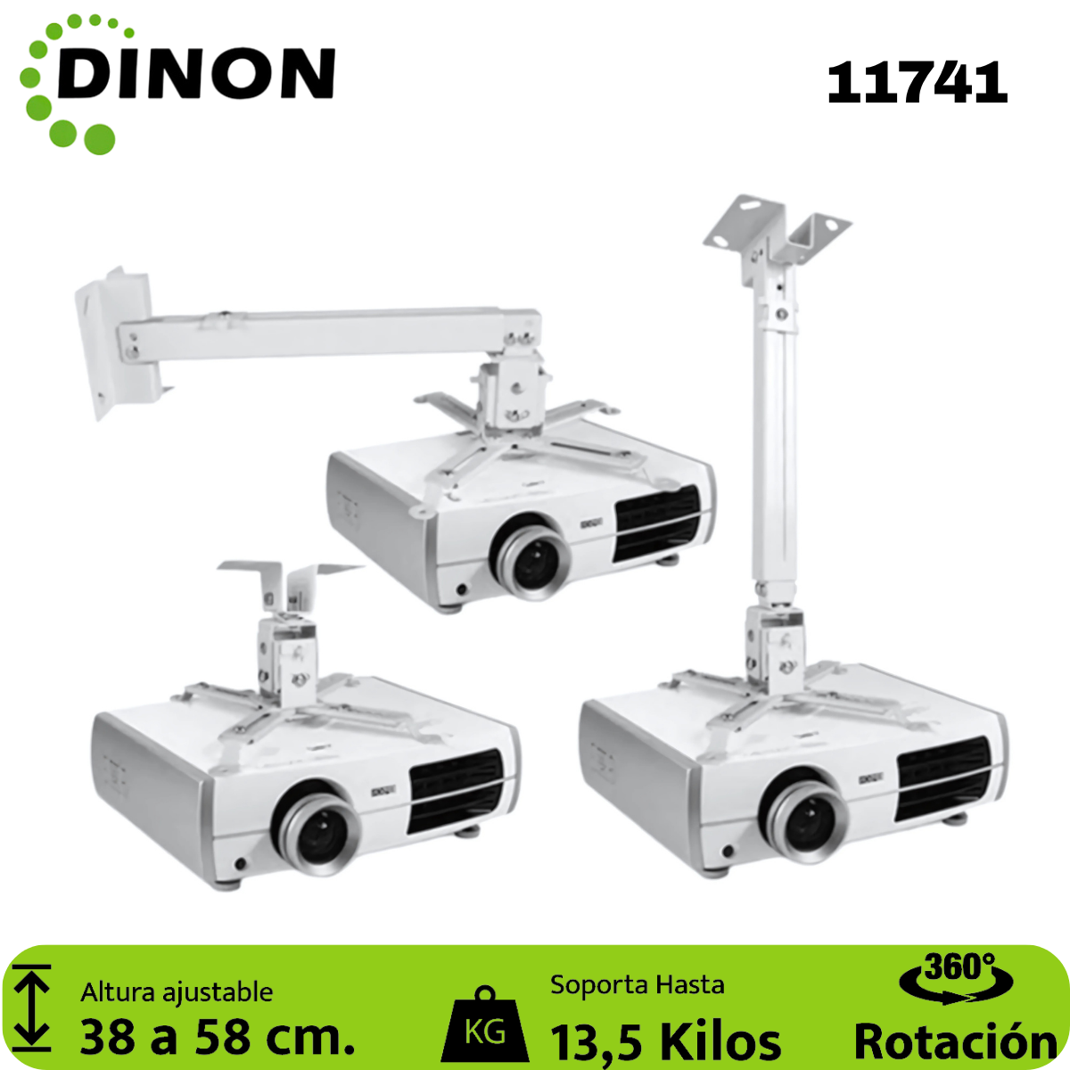 SOPORTE PARA PROYECTOR A TECHO EXTENSIBLE 38-58 CM, 360°, 13.5KG, BLANCO DINON - Sku: 11741
