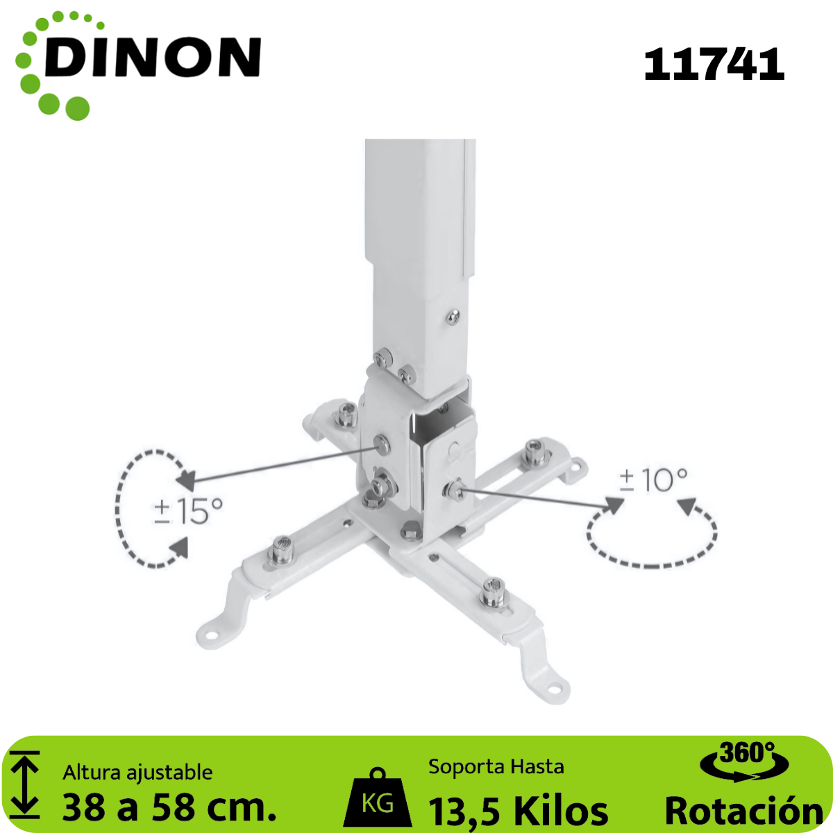 Soporte para Proyector a Techo Extensible 38-58 cm, 360°, 13.5 kg, Blanco, Dinon - SKU: 11741