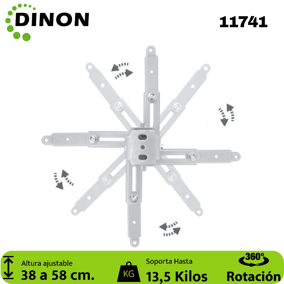 Soporte para Proyector a Techo Extensible 38-58 cm, 360°, 13.5 kg, Blanco, Dinon - SKU: 11741