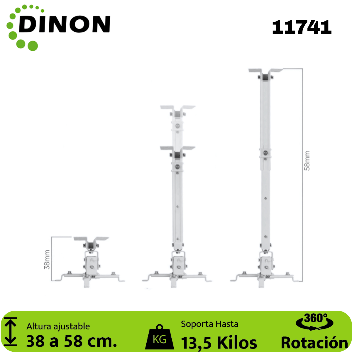 Soporte para Proyector a Techo Extensible 38-58 cm, 360°, 13.5 kg, Blanco, Dinon - SKU: 11741