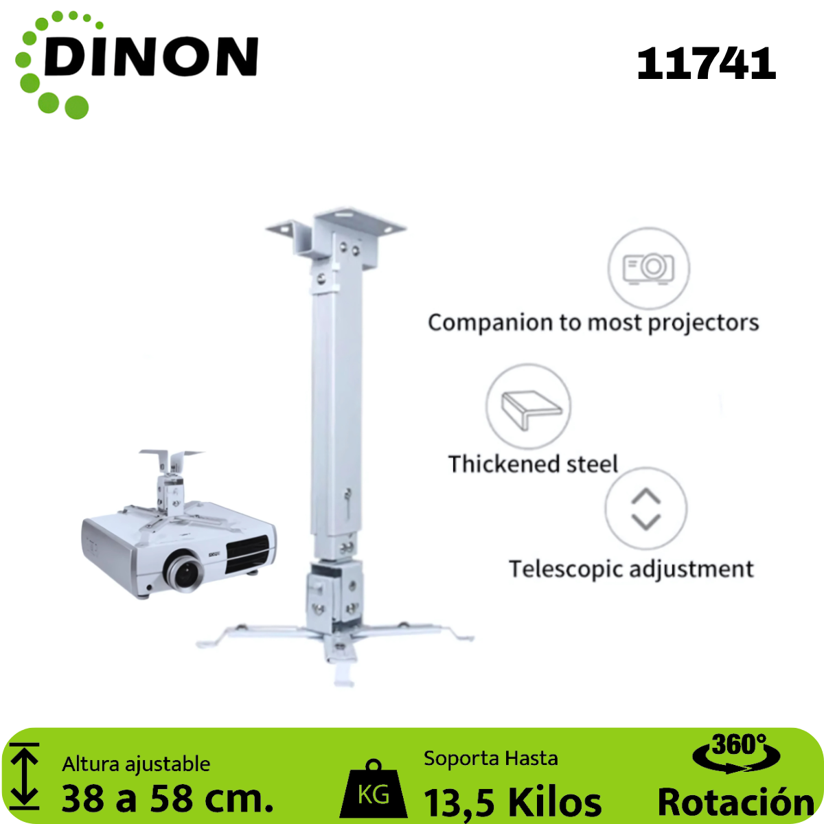 Soporte para Proyector a Techo Extensible 38-58 cm, 360°, 13.5 kg, Blanco, Dinon - SKU: 11741