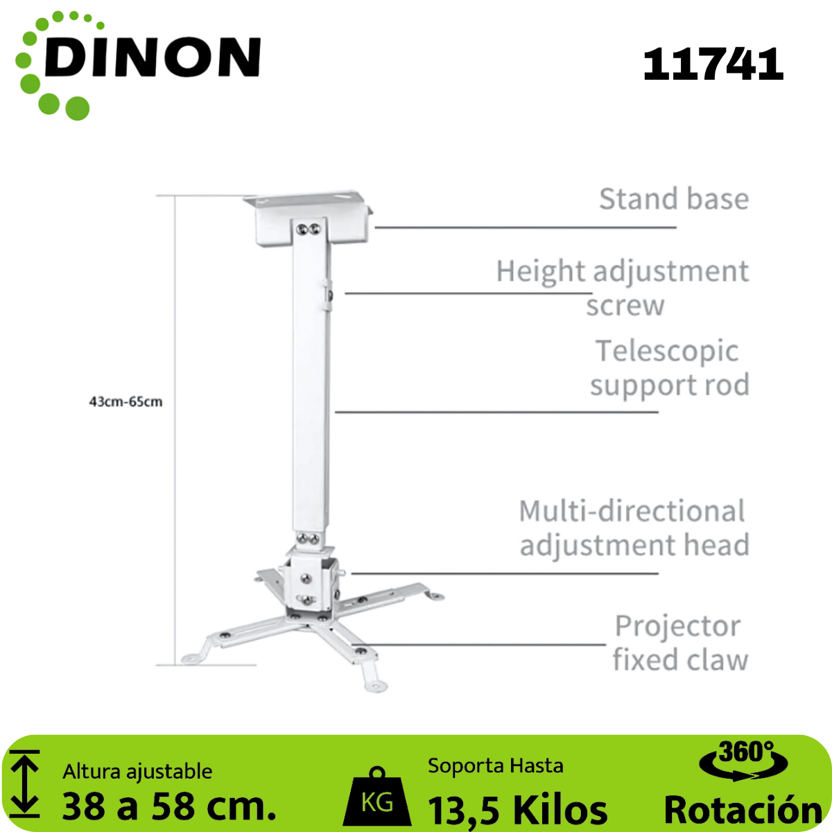 Soporte para Proyector a Techo Extensible 38-58 cm, 360°, 13.5 kg, Blanco, Dinon - SKU: 11741
