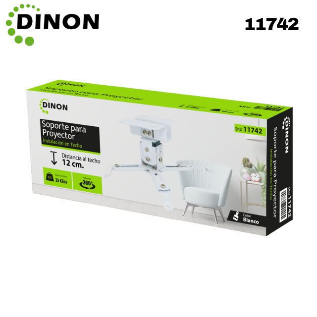 Soporte para Proyector a Techo 12 cm, -15°/+10°, 360°, 25 kg, Blanco, Dinon - SKU: 11742