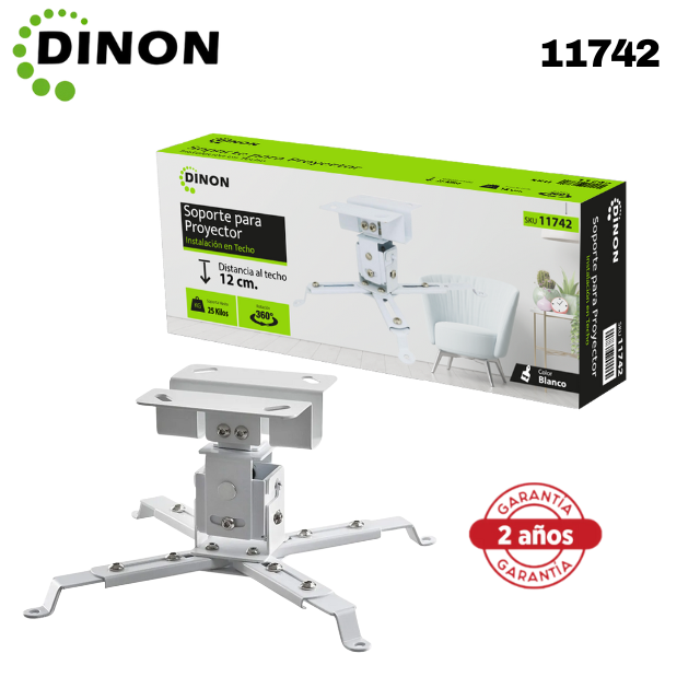SOPORTE PARA PROYECTOR A TECHO 12CM, -15° +10°, 360°, 25KG, BLANCO, DINON - SKU:11742