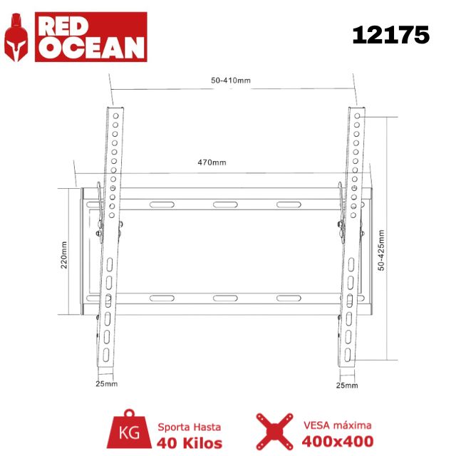 Soporte TV Universal Regulable 23"-55", 1.2 mm, VESA Máx. 400x400, 40 kg, RedOcean - SKU: 12175