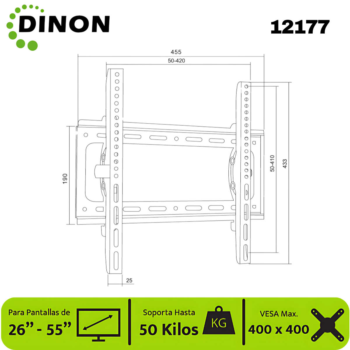 Soporte para TV LCD LED Universal regulable ±15° 26-55" 1.5mm, VMAX 400X400, 50KG. - SKU:12177