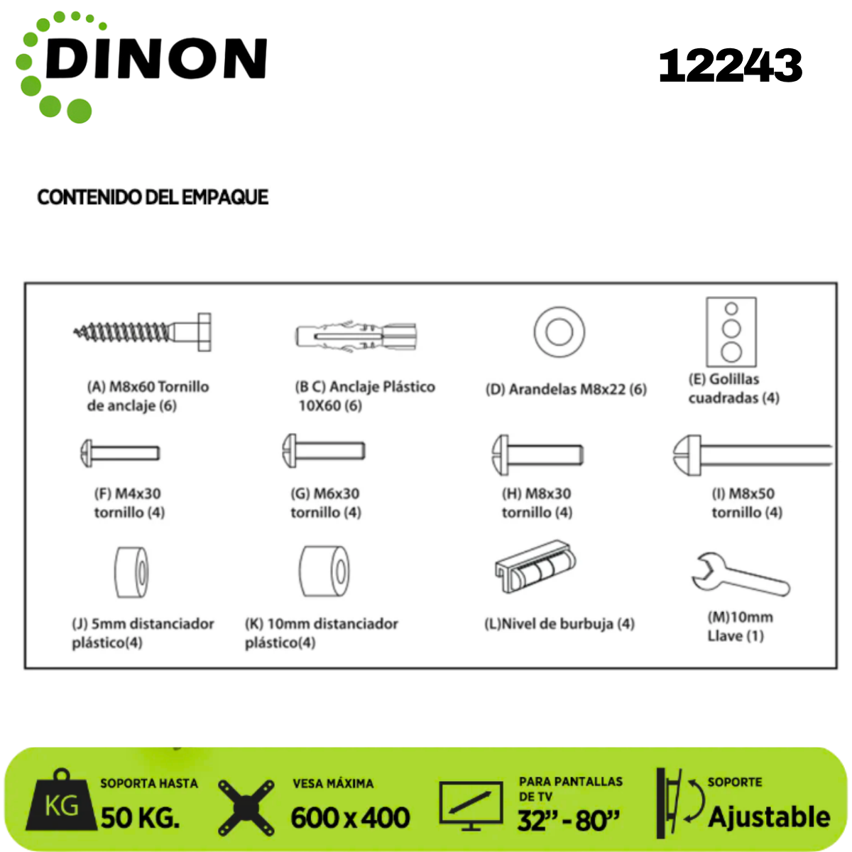 Soporte TV Dinon Premium, Brazo Doble 32-80", 5-46cm, VMAX 600x400, TILT, 50 KG - Sku: 12243