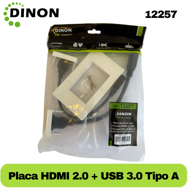 PLACA DE MURO 1 x HDMI 2.0 4K + 1 x USB 3.0 TIPO A, MARCA DINON + EXTENSIONES 10CM - SKU:12257