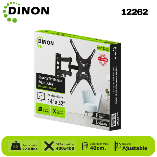 SOPORTE PARA TV BRAZO DOBLE ±15° 32-55", 4-40CM, VMAX400X400, TILT, 22KG - SKU: 12262