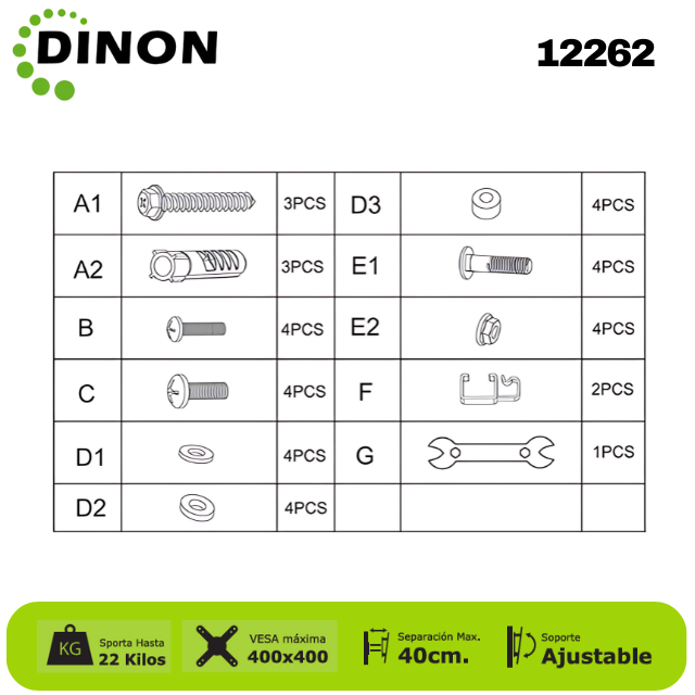 Soporte para TV Brazo Doble ±15° 14"-32", Extensión 4-40 cm, VESA Máx. 400x400, Tilt, 22 kg - SKU: 12262