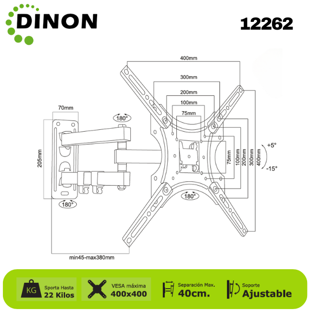 SOPORTE PARA TV BRAZO DOBLE ±15° 32-55", 4-40CM, VMAX400X400, TILT, 22KG - SKU: 12262