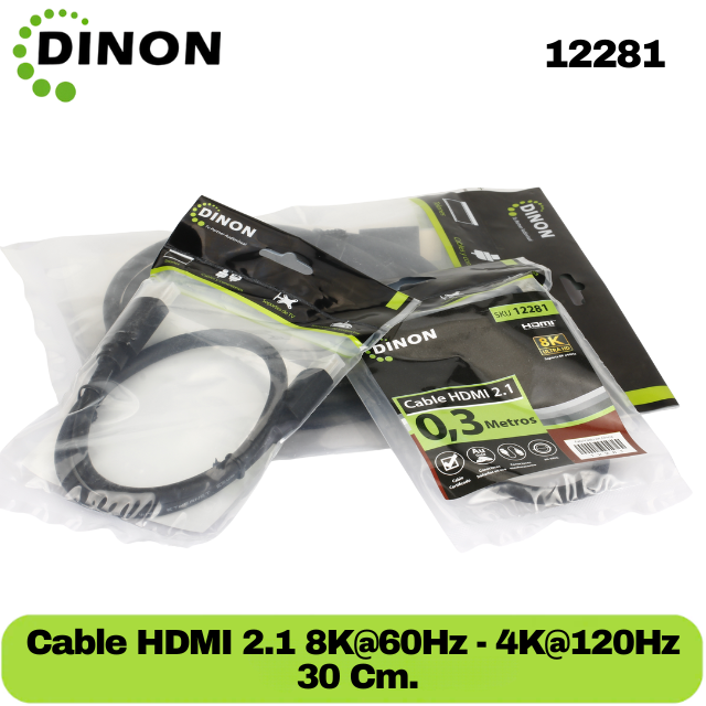 Cable HDMI V2.1 8K@60Hz Dinon 0,3 Metros – 30AWG Gold Plated Macho-Macho Certificado – SKU: 12281