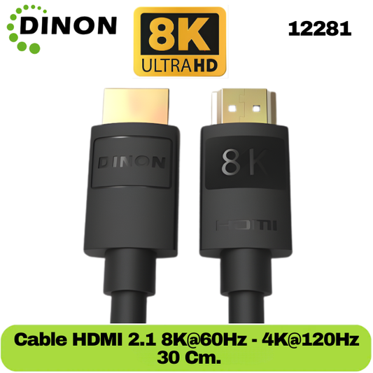 Cable HDMI V2.1 8K@60Hz Dinon 0,3 Metros – 30AWG Gold Plated Macho-Macho Certificado – SKU: 12281