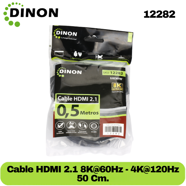CABLE HDMI V2.1 8K@60HZ DINON 0,5M, 30AWG, GOLD PLATTED, MACHO-MACHO CERTIFICADO - SKU:12282