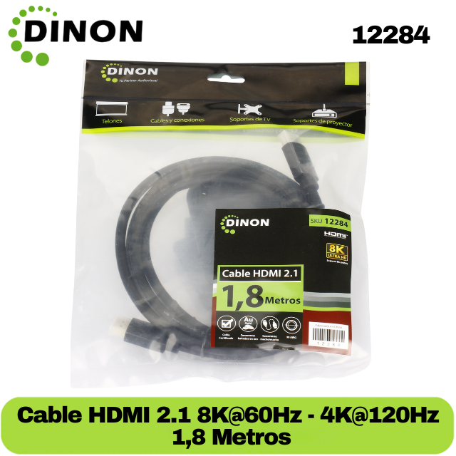 CABLE HDMI V2.1 8K@60HZ DINON 1,8M, 30AWG, GOLD PLATTED, MACHO-MACHO CERTIFICADO - SKU: 12284