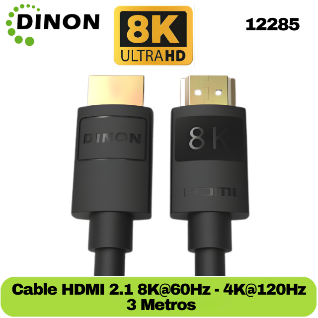 CABLE HDMI V2.1 8K@60HZ DINON 3M, 30AWG, GOLD PLATTED, MACHO-MACHO CERTIFICADO - SKU: 12285
