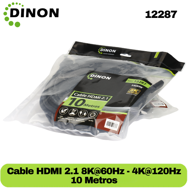 CABLE HDMI V2.1 8K@60HZ DINON 10M, 28AWG, GOLD PLATTED, MACHO-MACHO CERTIFICADO -SKU:12287