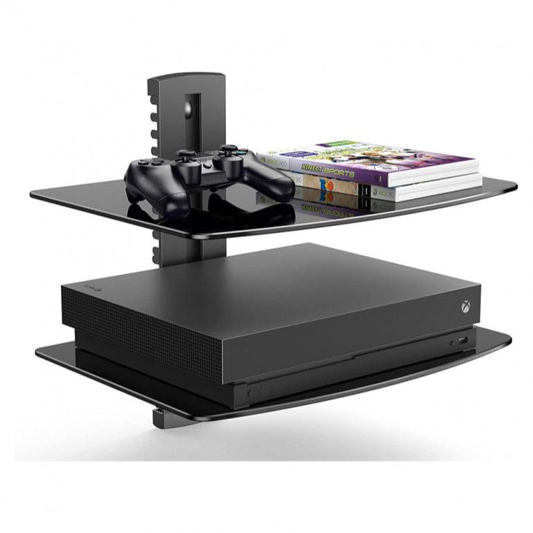 SOPORTE DE VIDRIO A MURO DOBLE BANDEJA PARA EQUIPOS DE AUDIO Y VIDEO 36X25CM. 16KG. Sku:8914