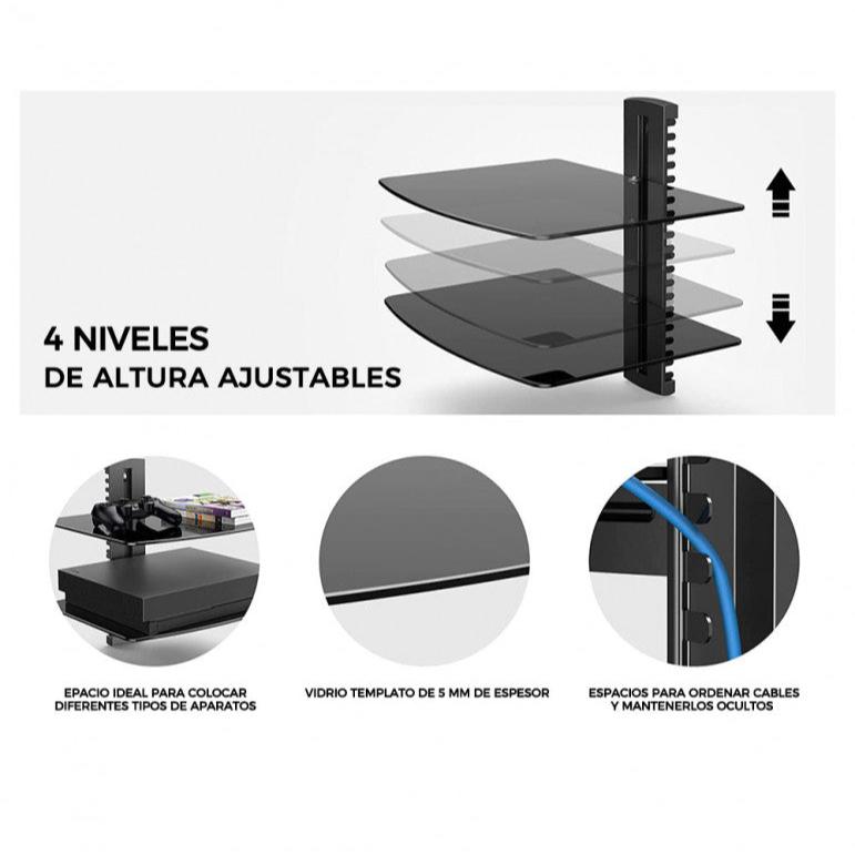 SOPORTE DE VIDRIO A MURO DOBLE BANDEJA PARA EQUIPOS DE AUDIO Y VIDEO 36X25CM. 16KG. Sku:8914