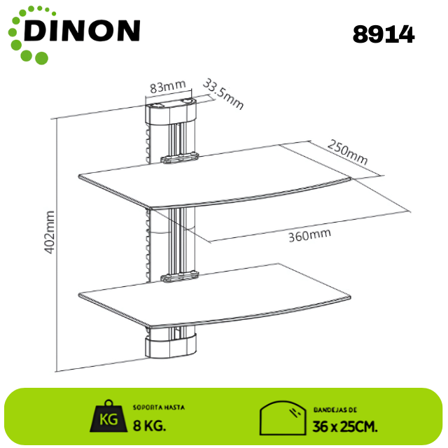 Soporte de Vidrio a Muro Doble Bandeja para Equipos de Audio y Video 36x25 cm, 16 kg - SKU: 8914