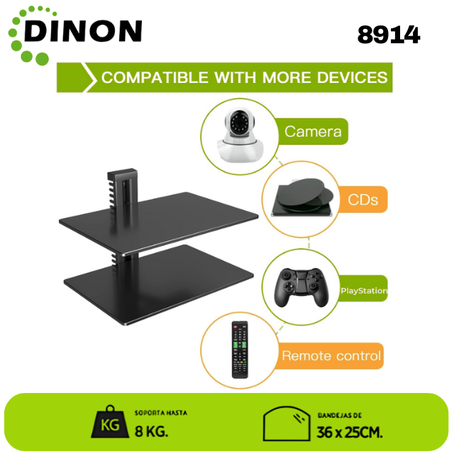 Soporte de Vidrio a Muro Doble Bandeja para Equipos de Audio y Video 36x25 cm, 16 kg - SKU: 8914