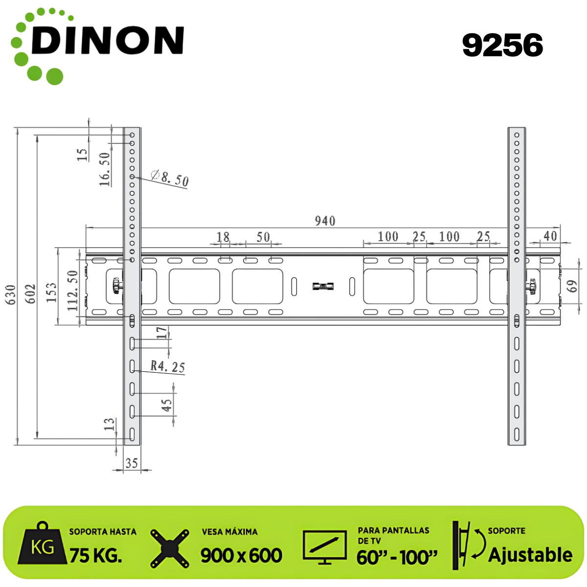 SOPORTE PARA TV LCD LED UNIVERSAL REGULABLE 60-100, VMAX 900X600, 75KG. DINON - Sku:9256