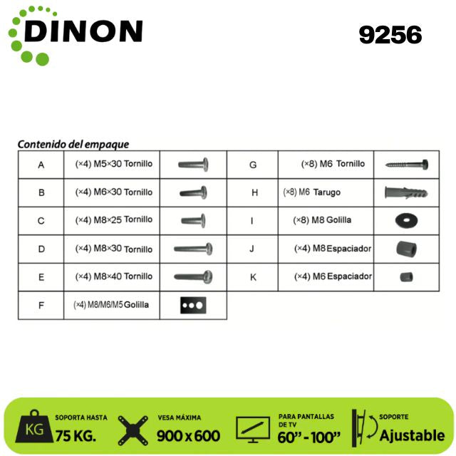 SOPORTE PARA TV LCD LED UNIVERSAL REGULABLE 60-100, VMAX 900X600, 75KG. DINON - Sku:9256