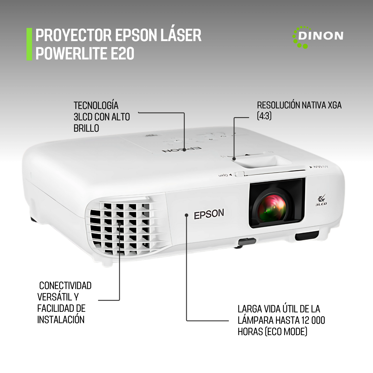 PROYECTOR EPSON POWERLITE E20 / XGA / 3LCD/ 3.400 LUMENES / BLANCO - SKU: CN38772