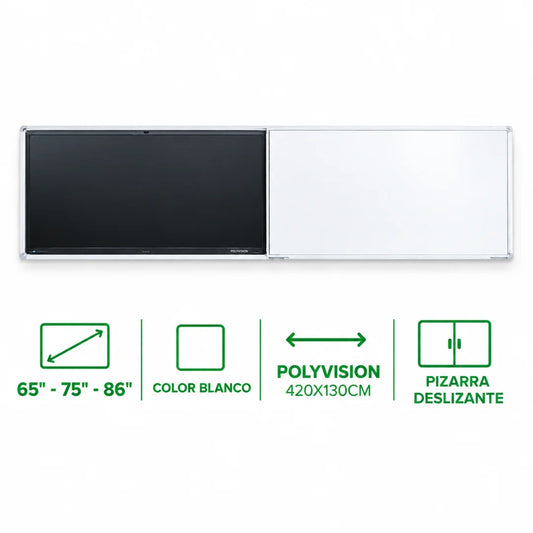 Pizarra Protectora De Pantalla Interactiva 65"-75"-86" Blanca Polyvision 420X130cm, Con Pizarra Deslizante, Dinon