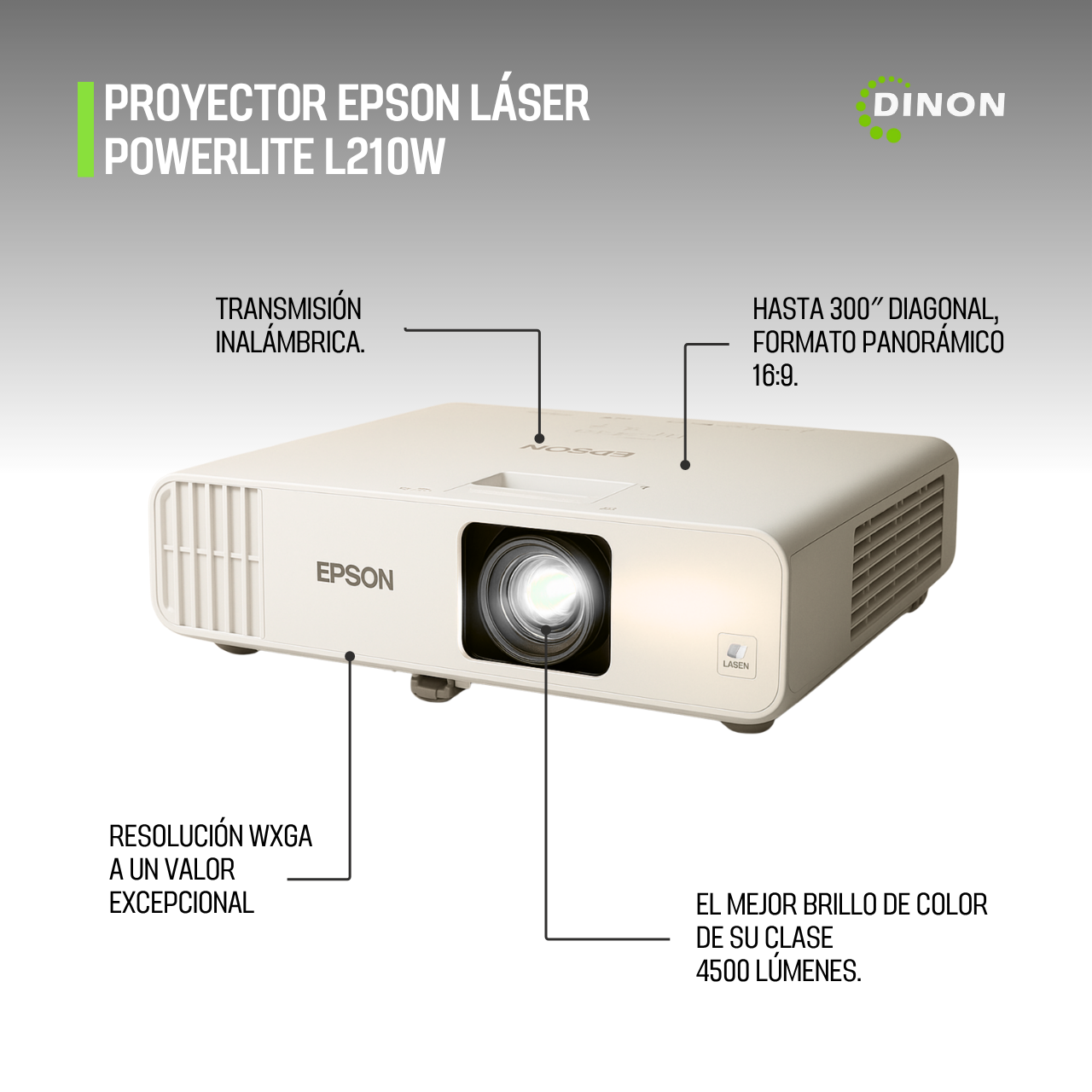 PROYECTOR EPSON LASER POWERLITE L210W WXGA 4500 LUMENES - SKU: CN15902