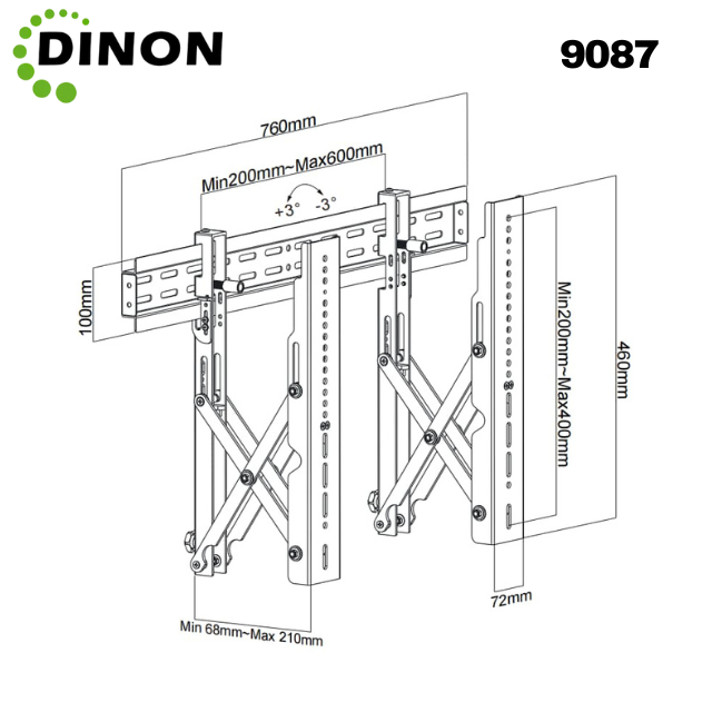 Diagrama con medidas del soporte para videowall Dinon Pop-Out VESA 600x400 para pantallas de 37 a 70 pulgadas