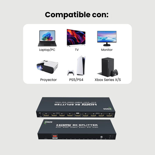 Splitter HDMI 2.1 Dinon 8 salidas para pantallas Ultra HD 8K 60Hz 48Gbps