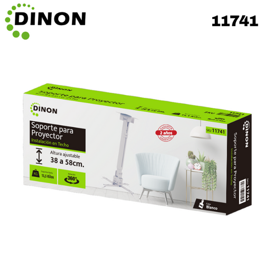 SOPORTE PARA PROYECTOR A TECHO EXTENSIBLE 38-58 CM, 360°, 13.5KG, BLANCO DINON - Sku: 11741