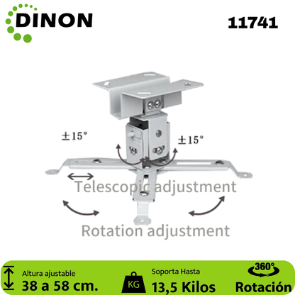 Soporte para Proyector a Techo Extensible 38-58 cm, 360°, 13.5 kg, Blanco, Dinon - SKU: 11741