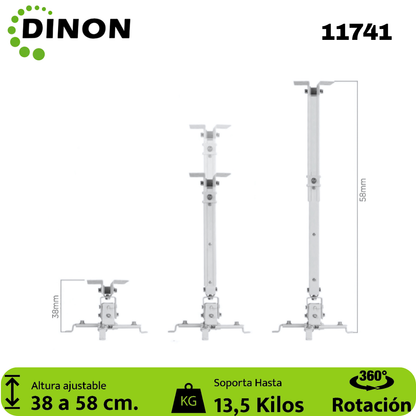 Soporte para Proyector a Techo Extensible 38-58 cm, 360°, 13.5 kg, Blanco, Dinon - SKU: 11741