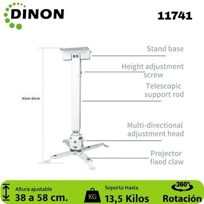 Soporte para Proyector a Techo Extensible 38-58 cm, 360°, 13.5 kg, Blanco, Dinon - SKU: 11741