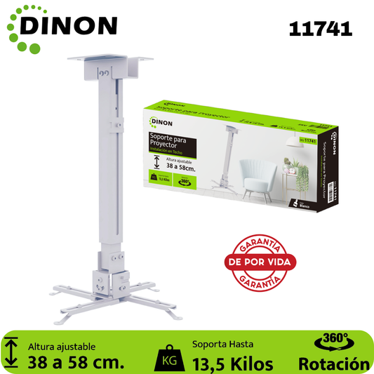 SOPORTE PARA PROYECTOR A TECHO EXTENSIBLE 38-58 CM, 360°, 13.5KG, BLANCO DINON - Sku: 11741