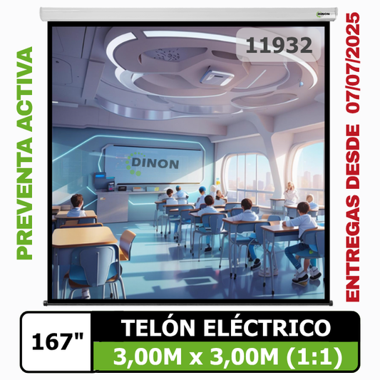 Telon Eléctrico Dinon Premium 3,00 x 3,00 (167") C/R, Motor Tubular, Tela Fibra de Vidrio 1:1 - Sku:11932