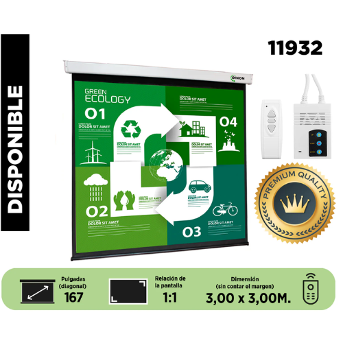 Telon Eléctrico Dinon Premium 3,00 x 3,00 (167") C/R, Motor Tubular, Tela Fibra de Vidrio 1:1 - Sku:11932