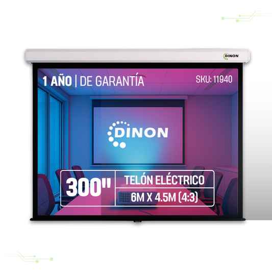 TELÓN ELECTRICO DINON  6,00M X 4,50 (300") C/R, MOTOR TUBULAR, TELA DE FIBRA DE VIDRIO 1MM, 4:3 - SKU: 11940