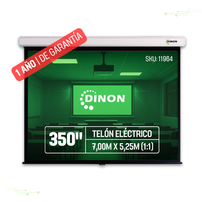 TELÓN ELECTRICO DINON  7,00M X 5,25M (350") C/R, MOTOR TUBULAR, TELA PVC SOFT BLANCO MATE, IGNIFUGA, TENSIONADA, 4:3 - SKU:11964