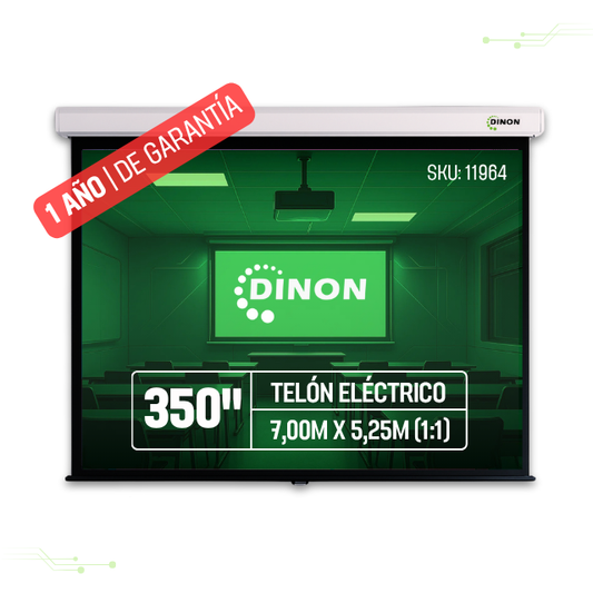 TELÓN ELECTRICO DINON  7,00M X 5,25M (350") C/R, MOTOR TUBULAR, TELA PVC SOFT BLANCO MATE, IGNIFUGA, TENSIONADA, 4:3 - SKU:11964
