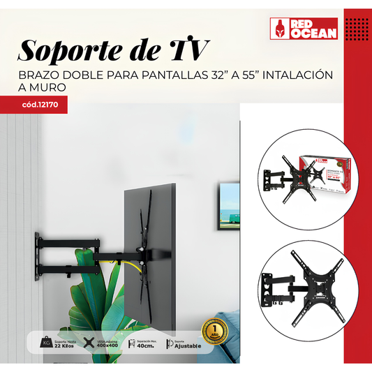 SOPORTE PARA TV ECON BRAZO DOBLE ±15° 32-55", 4-40CM, VMAX400X400, TILT, 22KG, REDOCEAN