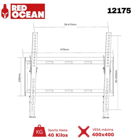 SOPORTE PARA TV UNIVERSAL REGULABLE 23-55" 1.2MM, VMAX 400X400, 40KG, REDOCEAN - SKU: 12175