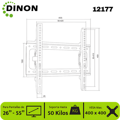 Soporte para TV LCD LED Universal regulable ±15° 26-55" 1.5mm, VMAX 400X400, 50KG. - SKU:12177