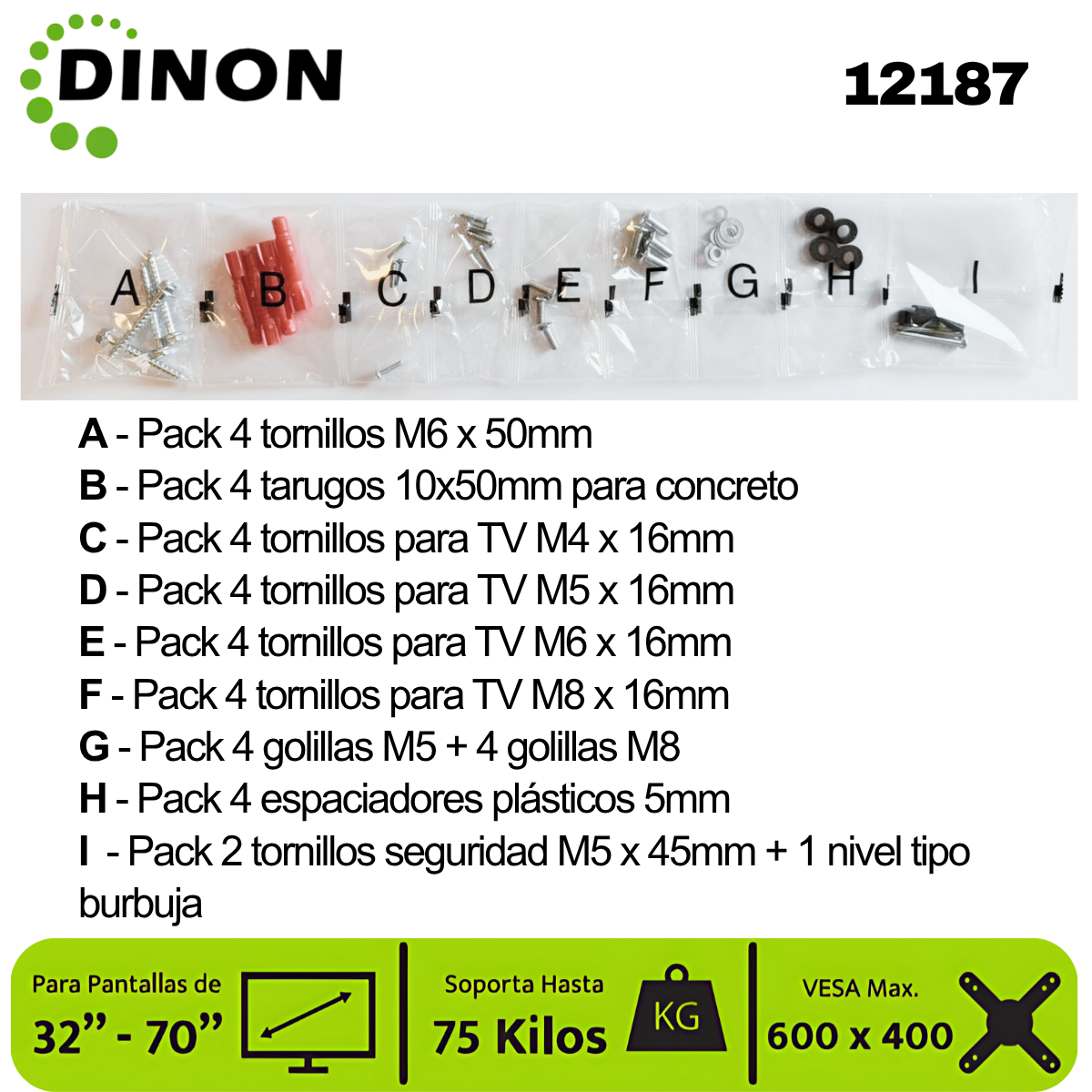 Soporte TV LCD LED Universal Regulable ±15°, 32-70", 1.5 mm, VMAX 600 x 400, 75 Kg, DINON - SKU:12187