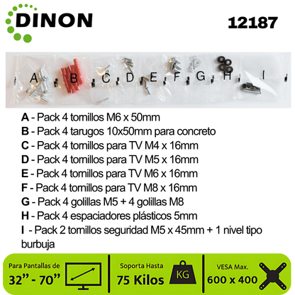 Soporte TV LCD LED Universal Regulable ±15°, 32-70", 1.5 mm, VMAX 600 x 400, 75 Kg, DINON - SKU:12187