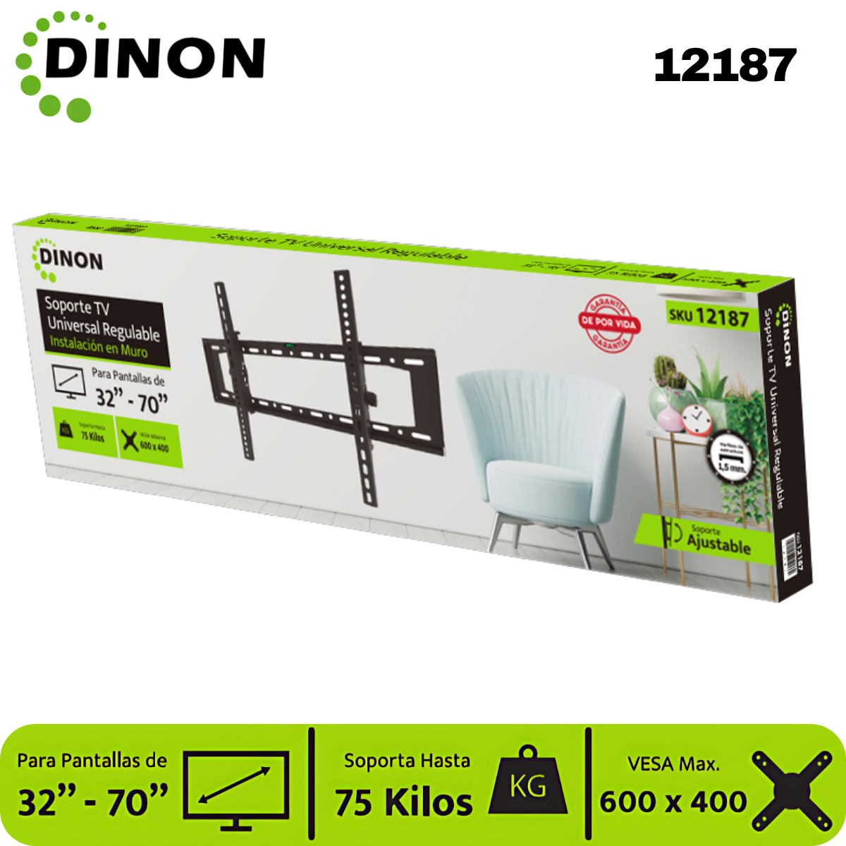 Soporte para TV LCD LED Universal Regulable ±15°, 32-70", 1.5 mm, VMAX 600 x 400, 75 Kg, DINON - SKU:12187